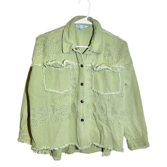 She + Sky Jackets & Blazers - She + Sky Light Green Boho Distressed Eyelet Snap Front Utility Jacket